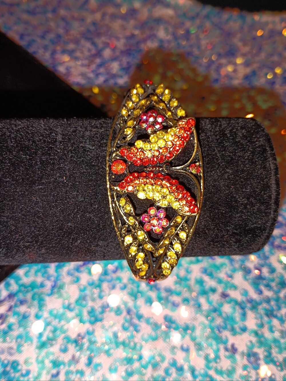 Gold-Tone Red & Yellow Crystal Butterfly Statement Bracelet Cuff